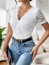 White Lace V-Neck Semi Sheer Bodysuit for Women