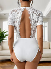 White Lace V-Neck Semi Sheer Bodysuit for Women
