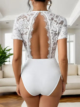 White lace V-neck semi sheer bodysuit for women