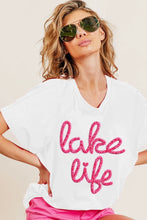 White Lake Life Metallic Letter Short Dolman Sleeve T Shirt for Women OFF WHITE