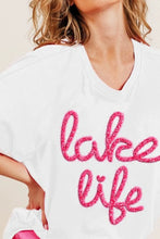 White Lake Life Metallic Letter Short Dolman Sleeve T Shirt for Women