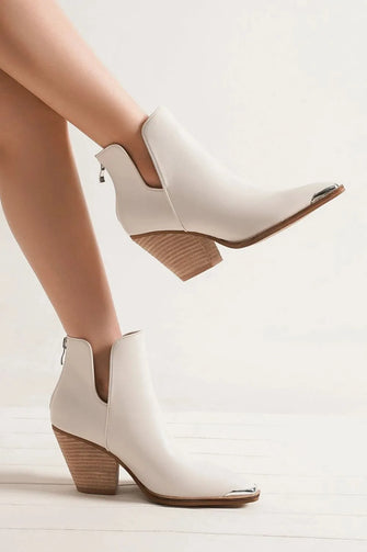 White Leather Ankle Boots with Metal Tip and Block Heel White