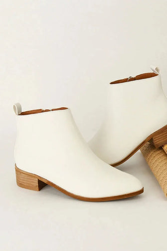 White Leather Block Heel Ankle Boots for Women White
