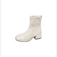 White Leather Block Heel Ankle Boots for Women Beige