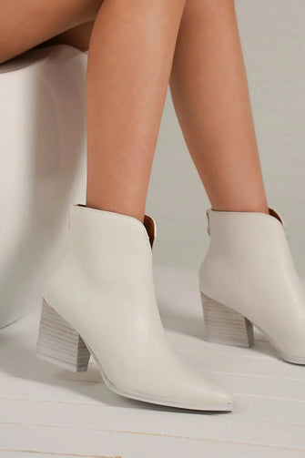 White Leather Block Heel Ankle Boots for Women with Back Zipper White