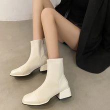 White Leather Block Heel Ankle Boots for Women