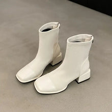 White leather block heel ankle boots for women