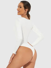 White long sleeve basic bodysuit for women with slightly stretchy sleeves