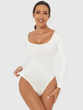 White long sleeve basic bodysuit for women with slightly stretchy sleeves