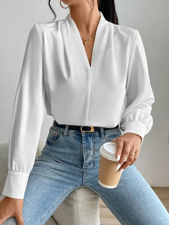 White Long-Sleeve Blouse for Women 100 Percent Polyester White