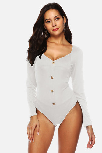 White Long Sleeve Bodysuit with Button Front and Slightly Stretchy Material White