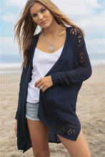 Navy blue lace long sleeve cardigan with slit open front