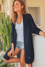 Navy blue long sleeve cardigan with lace detailing, pockets and slit open