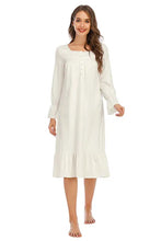 White Long Sleeve Cotton Nightgown with Lace Trim Dresses