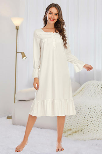 White Long Sleeve Cotton Nightgown with Lace Trim White