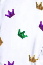 White long sleeve crown sequin round neck sweatshirt with purple, green, gold patches
