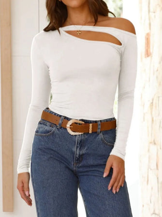 White Long Sleeve Cutout Top with Blue Jeans for Women White
