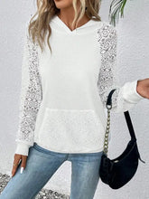 White long sleeve hoodie with lace raglan sleeves and kangaroo pocket