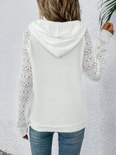 White long sleeve hoodie with lace raglan sleeves and kangaroo pocket