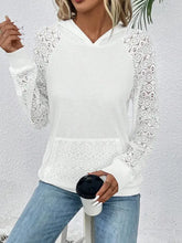 White long sleeve hoodie with lace raglan sleeves and v-neck hooded collar