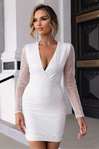 White Long Sleeve Mini Dress with Open Back and Sheer Patterned Sleeves White