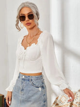 White Long Sleeve Peasant Crop Top with Ruffle Detail