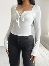 White Long Sleeve Tie Front Top with Stretchy Opaque Fabric Woman T Shirts