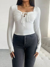 White Long Sleeve Tie Front Top with Stretchy Opaque Fabric