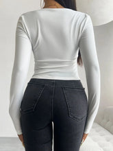 White Long Sleeve Tie Front Top with Stretchy Opaque Fabric