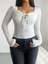 White Long Sleeve Tie Front Top with Stretchy Opaque Fabric Woman T Shirts