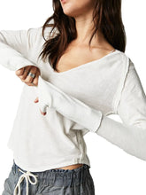 White Long Sleeve V Neck Womens Shirt with Thumb Holes White