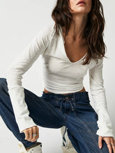 White Long Sleeve V Neck Womens Shirt with Thumb Holes