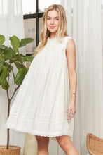 White Loose Textured Babydoll Dress with Lace Trim