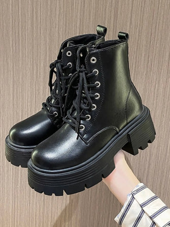 White Lug Sole and Black Platform Combat Boots for Women Black