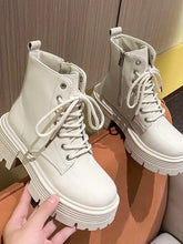 White Lug Sole and Black Platform Combat Boots for Women