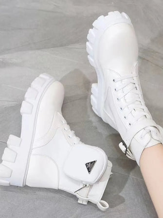 White Lug-Soled Platform Combat Boots for Women White