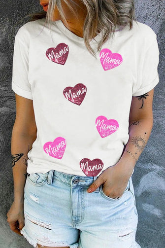 White Mama Heart Sequin T-Shirt for Women White