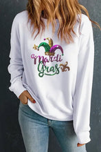 White Mardi Gras sequin round neck sweatshirt with colorful graphic