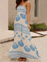White Maxi Dress with Blue Seashell Pattern and Smocked Waist