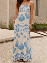 White Maxi Dress with Blue Seashell Pattern and Smocked Waist Maxi Dresses