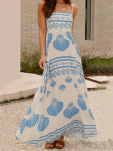 White Maxi Dress with Blue Seashell Pattern and Smocked Waist