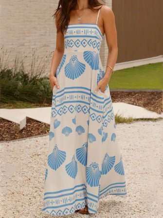 White Maxi Dress with Blue Seashell Pattern and Smocked Waist Light Blue