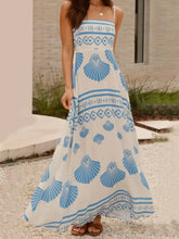 White Maxi Dress with Blue Seashell Pattern and Smocked Waist Maxi Dresses
