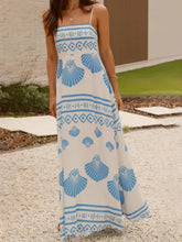 White Maxi Dress with Blue Seashell Pattern and Smocked Waist Maxi Dresses