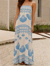White Maxi Dress with Blue Seashell Pattern and Smocked Waist Maxi Dresses