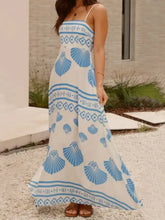 White Maxi Dress with Blue Seashell Pattern and Smocked Waist Maxi Dresses