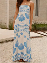 White Maxi Dress with Blue Seashell Pattern and Smocked Waist Maxi Dresses