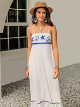 White Maxi Dress with Blue Starfish and Seashell Embroidery