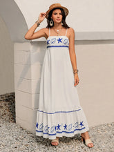 White Maxi Dress with Blue Starfish and Seashell Embroidery