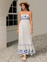 White Maxi Dress with Blue Starfish and Seashell Embroidery